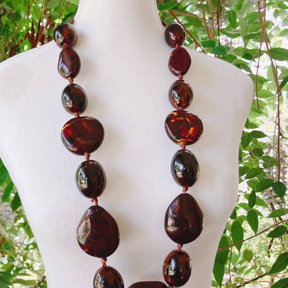 Vintage Italian Glazed Ceramic Chunky Beaded Necklace Brown Boho 1990s Statement - Picture 12 of 15